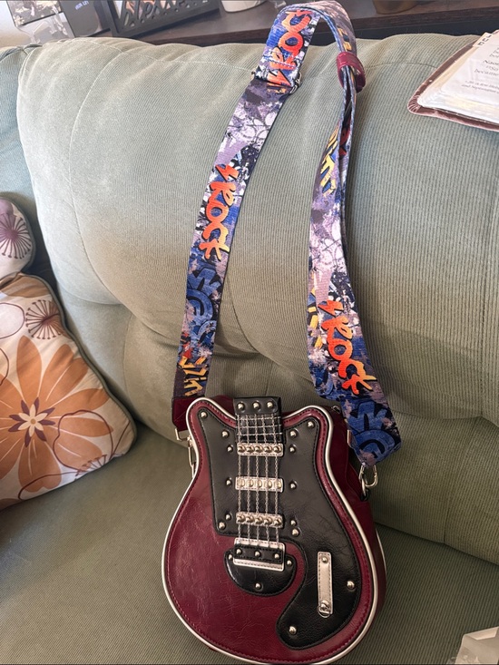 Handbags - Guitar-Shaped Crossbody Bag in Burgundy & Black with Colorful Strap 9”x 9”x 3”